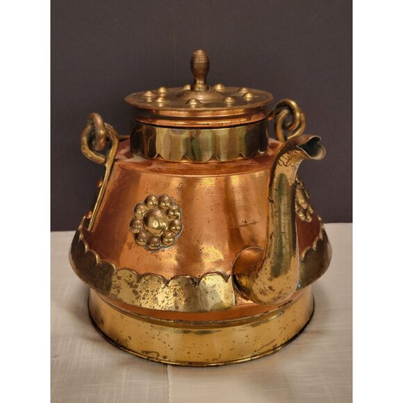 Large Vintage Brass & Copper Teapot Kettle W/ Removable Lid Made in Belgium - Picture 3 of 12